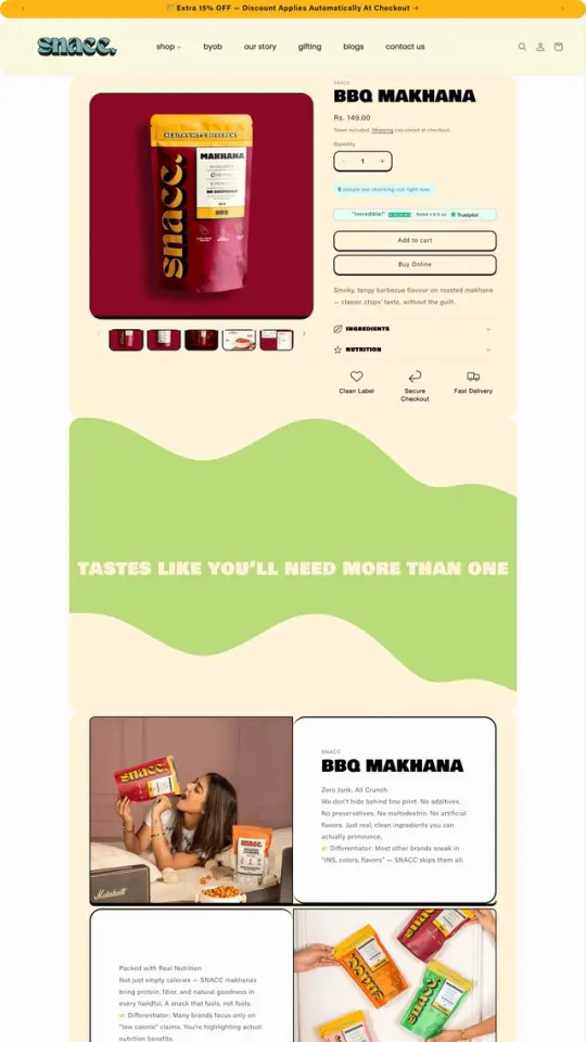Snacc product page before Fly Social